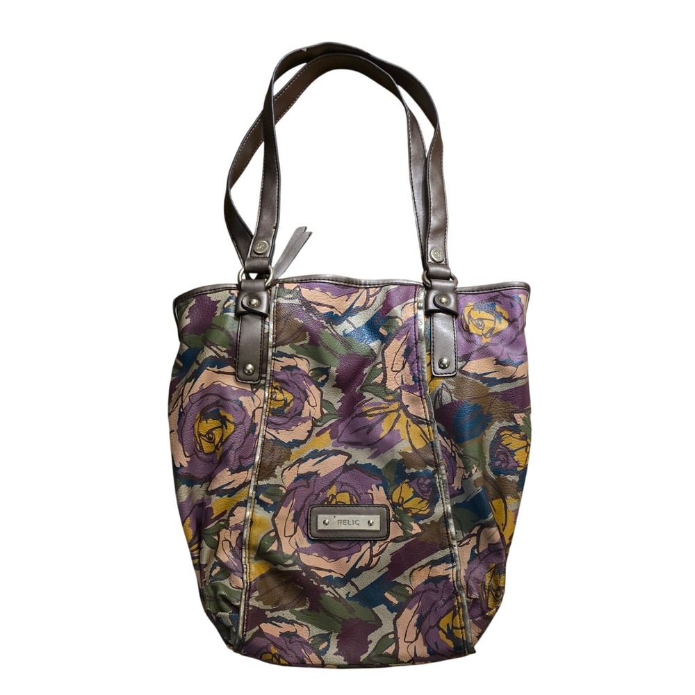 Vintage Y2K Fossil Relic Floral Rose Tote Bag Purple Green Faux Leather Shoulder